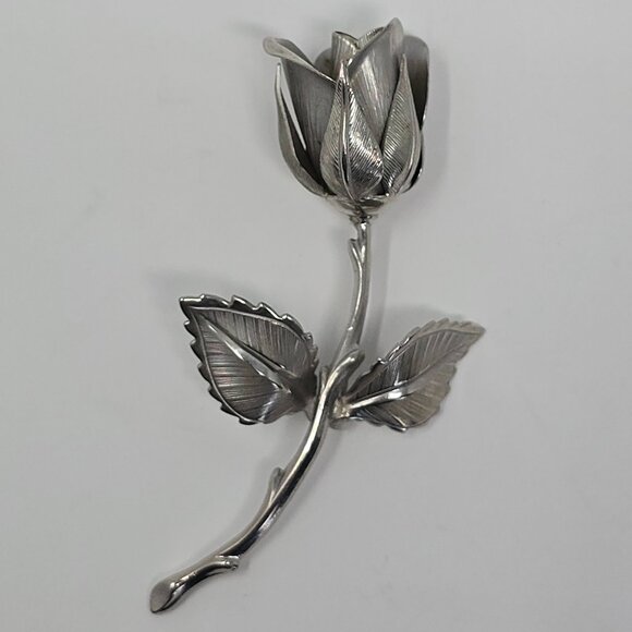 Vintage Rose Brooch Silver Tone Floral Statement Pin 1980s Costume Jewelry - Picture 8 of 15